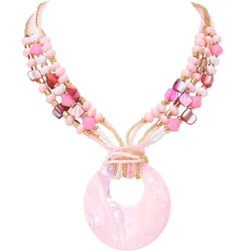 Coiris Shell Pendant Statement Strand Necklace for Women Boho Multi Beads Natural Stone Colorful Necklace Bohemian Handmade Chunky Shell Beaded Collar Jewelry for Women