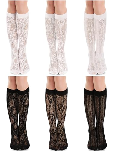 BOARDFEB 6 Pairs Womens Lace Fishnet Knee High Mesh Lace Loose High Sheer Slouch Socks Medium