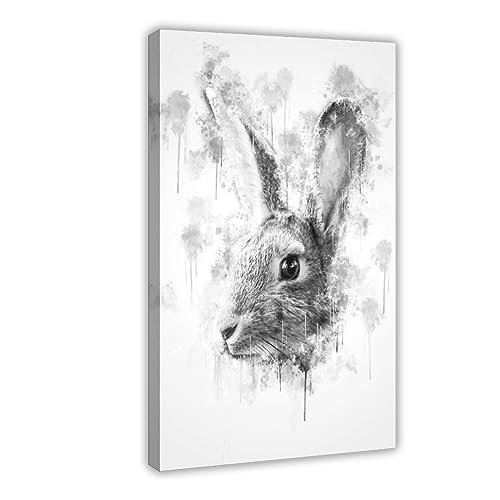 SRPM Kaninchenkopf, Aquarell-Kunstwerk, schwarz-weiß, Tierposter, Leinwandposter, Wandkunst, Dekordruck, Bild Gemälde für Wohnzimmer, Schlafzimmer, Dekoration, Rahmen: 40 x 60 cm