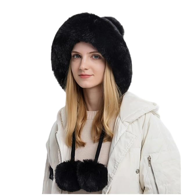 BRATS N BEAUTY Winter Fluffy Fur Double Pom Pom Kintted Cap for Women, Soft Warm Ear Protection Hats Female Outdoor Plush Coldproof Ball Beanies