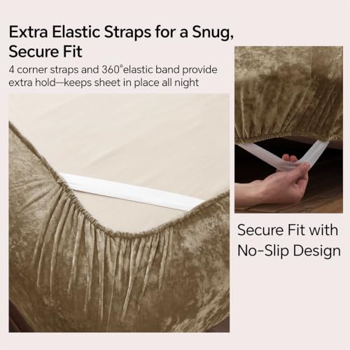 Image of BEDELITE Velvet Fitted Sheet and Pillowcase Set 3Pcs, King, Khaki | Double-Sided Plush Bottom Sheet, Luxuriously Soft & Warm, 360 Elastic & Corner Straps, 15 Inch Deep Pocket, Machine Washable