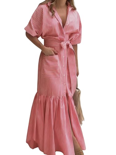 Image of utcoco Women's 2026 Summer Casual Striped Button Down Maxi Dress Tie Waist Short Sleeve Shirt Dress with Pockets