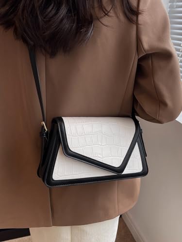 QWINEE Women's Crocodile Embossed Flap Bag Colorblock Shoulder Handbag Contrast Binding Clutch Purse4