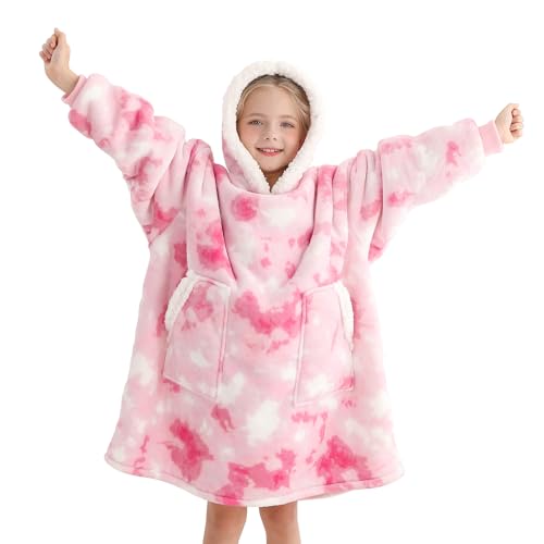 Kipswiza Wearable Blanket Hoodie for Kids 6-12 Birthday Gifts, Soft Warm Sherpa Oversize Blankets Sweatshirt for Girls Boys - Pink Tie Dye