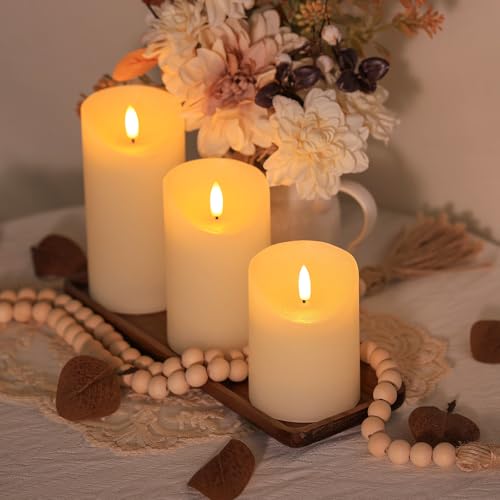 Image of Flameless Candles with Remote, Real Wax Battery Operated Candles with Timer, 3D Wick Ivory Fake LED Candles for Christmas Gifts Home Decor Party Wedding, D3 x H4 /5 inch /6 inch, Set of 3