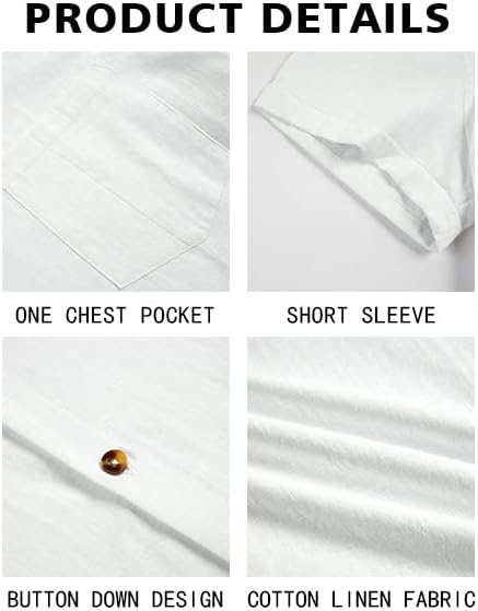 Bbalizko Mens Short Sleeve Button Up Shirts Linen Cotton Beach Tops Spread Collar Plain Summer T Shirt with Pocket - Image 5