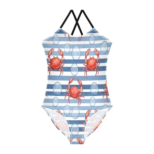 Girls Swimming Suits 3-10 Y Beach Bathing Suit, Red Crabs Blue Stripes - Main Image