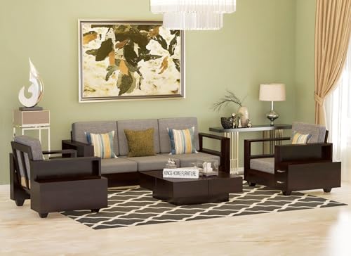 Image of KINGS HOME FURNITURE Sheesham Wood 5 Seater Sofa Set with 2 Drawer Storage | 3+1+1 Wooden Sofa Set Furniture for Living Room Home Office (3+1+1 Seater,Walnut Finish)