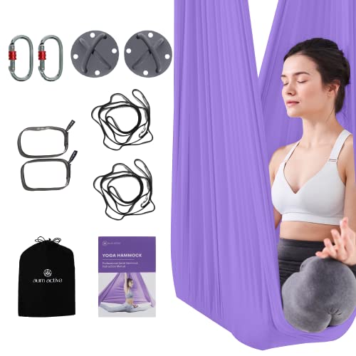 aum active Aerial Yoga Hammock 5.5 Yards - Durable Aerial Silk with Extension Straps, Carabiners, Ceiling Mounts, and Pose Guide - Ariel Silks for Home, Complete Yoga Hammock Kit for All Levels