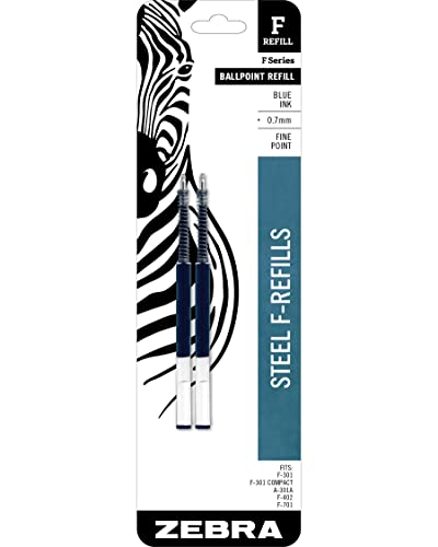 Zebra Pen STEEL, F-Refill Ballpoint Ink Refills, 0.7mm Fine Point, Blue Ink, Fits Zebra F-301, F-402, and F-701 Ballpoint Pens, Smooth Writing Performance, 2-Pack (85522)