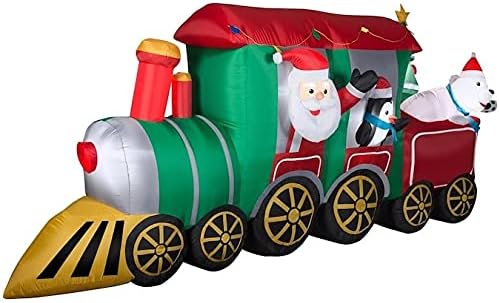 Gemmy 12' Wide Santa with Reindeer, Polar Bear and Christmas Tree Holiday Train Christmas Inflatable Indoor/Outdoor Decoration, Multicolor, 3707