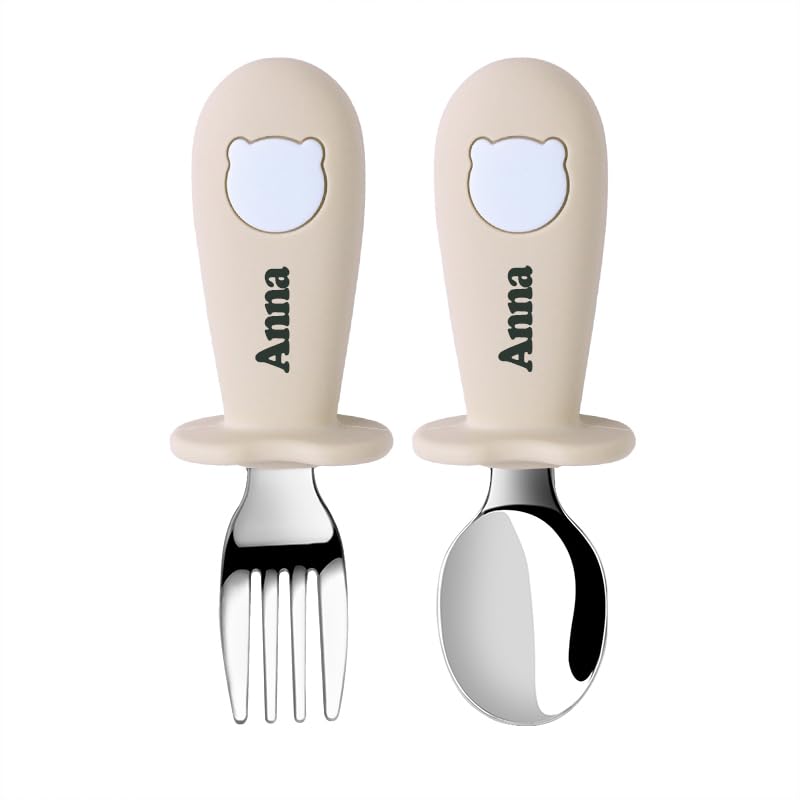 TYRY.HU Personalised Spoon and Fork Set Learn to Use Toddler Cutlery Splash Toddler Customized Name Cutlery Set BabyLed Weaning Supplies 2 Piece
