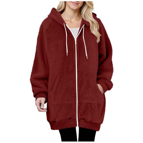 Cozy Wine Hooded Jacket for Women - Fleece Long Sleeve Zipper Coat with Pockets - Perfect for Winter Adventures! - Image 2