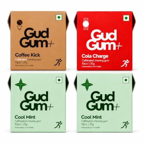 Image of Gud Gum Caffeine Gum Variety Pack with Xylitol - 4 Pack Assorted Flavors (Cola, Cold Coffee, Mint) - Sugar-Free, Fast-Acting Energy Gum for Focus, Alertness & On-the-Go Boost (Assorted)