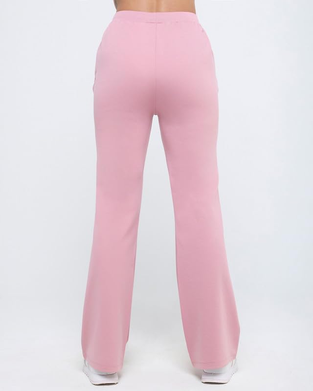 Image of HUNNIT Essential Flare Pants for Women with Zip Pockets | Mid Waist Solid Cotton Tapered Flare Pants | Bootcut Flared Trousers with Wide Elastic Waistband | Relaxed Fit Flared Trouser