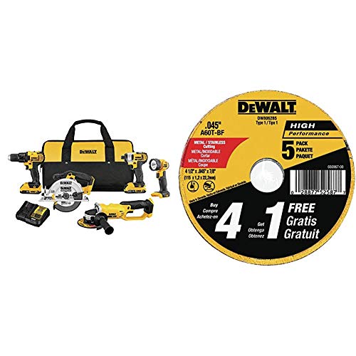 DEWALT 20V MAX Combo Kit, Compact 5-Tool (DCK521D2) & Cutting Wheel, General Purpose Metal Cutting, 4-1/2-Inch, 5-Pack (DW8062B5)