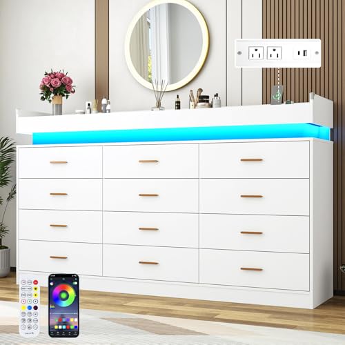 Image of Hlivelood 12 Drawer Dresser with LED Light and Charging Station, 70 inch Modern Chest of Drawers for Closet, Wide Drawer Organizer Cabinet for Bedroom, Living Room, Entryway, Hallway, White