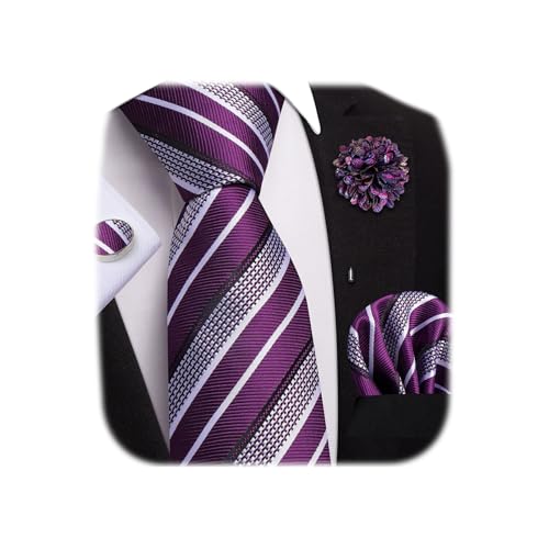 Image of Purple White Tie and Lapel Pin 4PCS Set Silk Striped Formal Necktie for Men Pocket Square Cufflinks Wedding Party