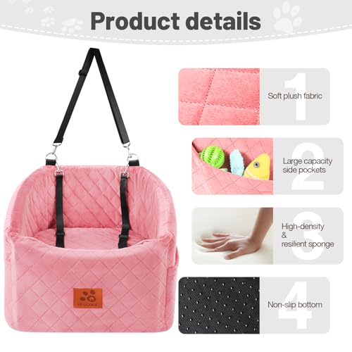 Image of Dog Car Seat for Small Medium Dogs, Memory Foam Pet Booster Seat for Dogs up to 35 lbs, Elevated Dog Carseat, Travel Safety Bed with Washable Removable Cover and Storage Pockets (Pink)