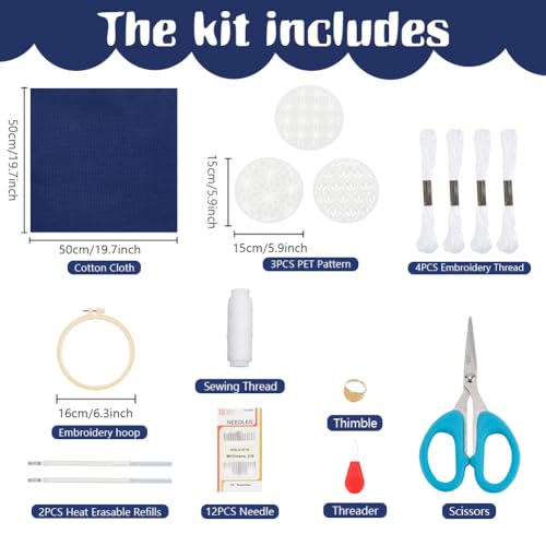 Image of FREEBLOSS 3 Set Sashiko Kit Sashiko Embroidery Kit Beginner Embroidery Kit Includes Embroidery Thread, Needles, Fabric and Hoop Embroidery Kits to Learn for Adults Wall Hanging Decor for Home