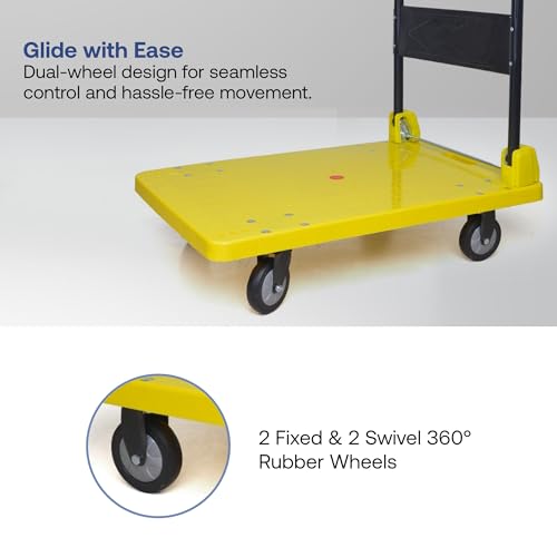 Image of BonKaso 150Kg Heavy-Duty Platform Trolley | Foldable Metal Hand Truck with 4 360 Rotating TPR Wheels & Cushioned Grip Handle | Industrial, Warehouse, Office & Home Use (68.5x47x77.5cm) Yellow