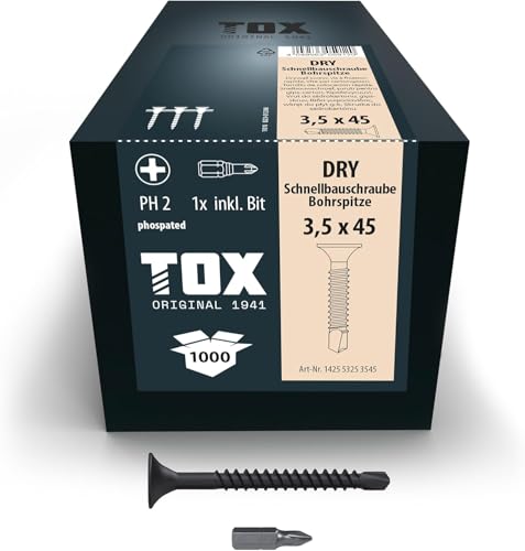 TOX Tornillos para tabiquería seca DRY BS 3,5 x 45 mm con punta de broca, magazinados para instalación con atornillador de cargador, 1000 piezas en una caja, 142553253545