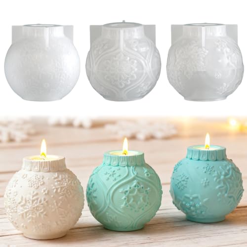 Lot de 3 moules en silicone - Forme de boule de Noël - Moule à bougie de Noël - Moule à couler - Moule en silicone - Flocons de neige - Moule de Noël pour décoration de Noël (A)