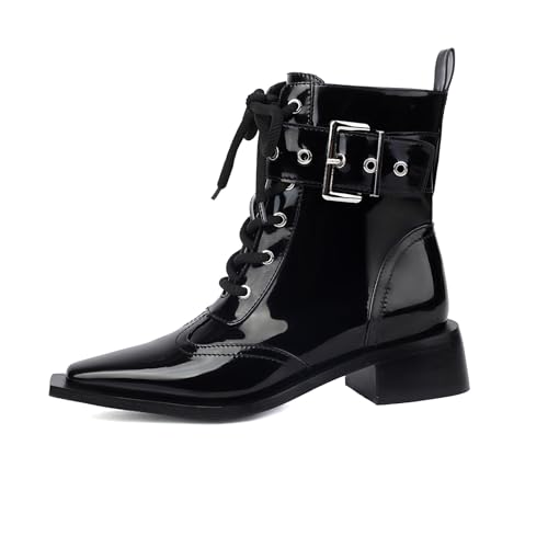 Women's Ankle Boots Square Toe Lace-up Black Buckle Boots Low Heel Side Zipper Short Bootie Casual Boots Dress comfy Boots.2