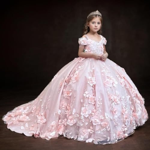 Tulle Flower Girl Dress for Wedding 3D Floral Pageant Dress with Train Princess Ball Gown for Girls First Communion3