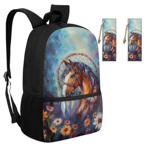 Daisy Horse Backpack for Girls 4-6 Dreamcatcher Bookbag with Zipper Pocket PU Leather Bookmarks Set of 2 Lightweight School Bag for Travel Outdoor2