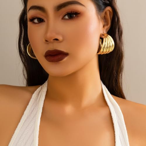 Gold Chunky Statement Earring for Prom Party,Oversized Exaggerated Dangle Earrings for Formal Evening Dress,Metal Thick Hoop Earrings for Women2