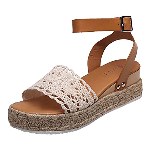 Hosamtel Wedges Sandals for Women 2021 Summer Open Toe Breathable Beach Sandals Slip-On Straw Casual Wedges Shoes