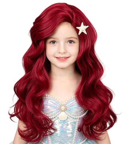 Probeauty Red Mermaid Wig with Starfish Hair Clips, 21inch Dark Red Mermaid Wigs Body Wave Wig for Halloween Costume
