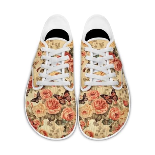 Forchrinse Retro Butterfly Rose Print Womens Trail Running Shoes Lace Up Wide Barefoot Shoes Lightweight Work Nurse Gym Sneakers