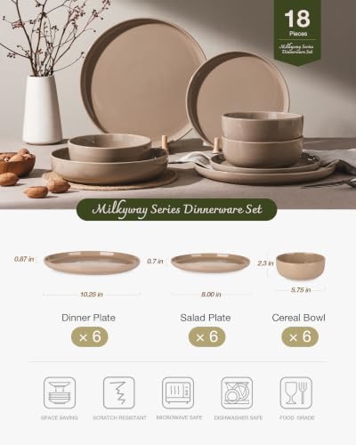 Image of Famiware Milkyway Plates and Bowls Set, 18 Pieces Dinnerware Sets, Dishes Set for 6, Cinnamon Brown