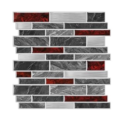 Alwayspon 10 Sheets 12" x12inch Black and Red Marble Effect Vinyl Tiles, Backsplash, Self-Adhesive Peel and Stick Wall Tile Stickers, Stick on Subway Tiles for Kitchen Bathroom Wall Decor