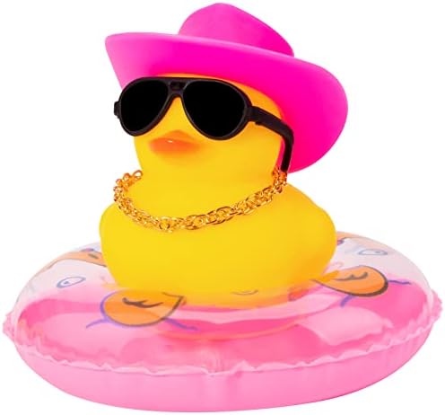 wonuu Car Rubber Duck Car Duck Decoration Dashboard Car Ornament for Car Dashboard Decoration Accessories with Mini Sun Hat Swim Ring Necklace and Sunglasses (A-Cowboy Hat&Pink)
