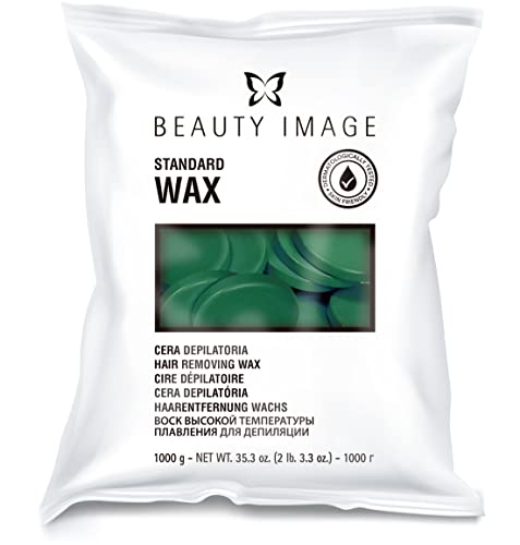 BEAUTY IMAGE Cera Depilatoria de Fácil Fusión. Depilación Sin Bandas para Cuerpo, Axilas, Vello Facial, Cejas y Zonas Delicadas. Apto para Pieles Sensibles. Verde [1 Kg]