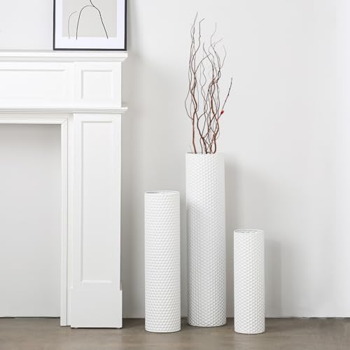 Dnnnii Juego de 3 jarrones – Jarrones altos cilíndricos de metal blanco, estructura moderna de panal, grandes jarrones de pie para salón (altura hasta 70 cm, decoración de habitaciones)