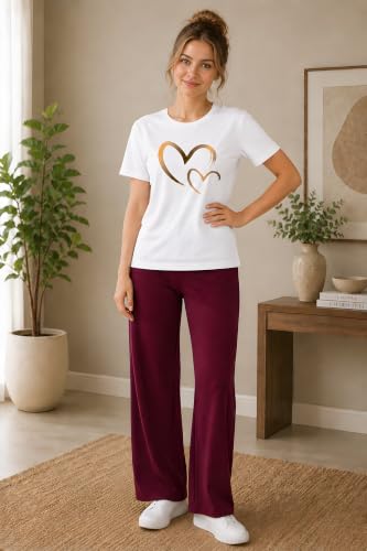 Image of ELVIA Women's Pure Cotton Top and Pyjama Co-Ord Set | Double Heart Graphic Printed Night Suit | Regular Fit Half Sleeve Round Neck T-Shirt with Pajama Sleepwear Loungewear Set
