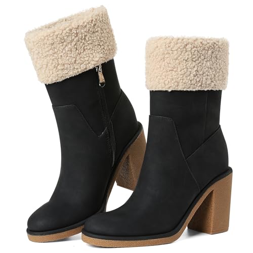 Winter Boots for Women, Comfortable Side Zipper Mid Chunky Heel S...