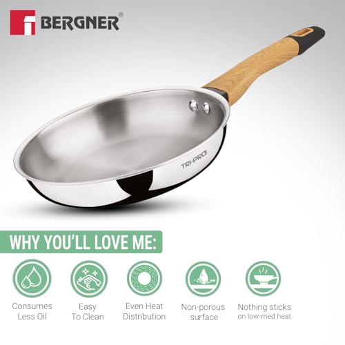 Image of TriPro Triply Stainless Steel 24cm Frypan with Wooden Soft Touch Handle, Triply Frying Pan for Cooking, Consumes Less Oil, Healthy Cooking, Even and Faster Heating - Induction and Gas Stove Ready