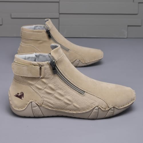 Image of Mens Mid-Top Leather Chukka Ankle Boots with Side Zipper Casual Comfortable Round Toe Non-Slip Flats Loafers for Walking Outdoor Hiking