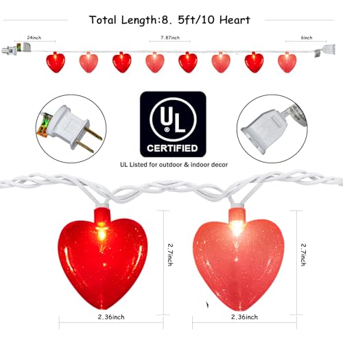 Abeja Heart String Lights, 8.5Ft Valentine's Day Heart String Lights with 10 Red/Pink Hearts, Romantic Love Heart Lights for Valentine's Day, Mother's Day, Party Decor, Wedding, Holiday Decorations