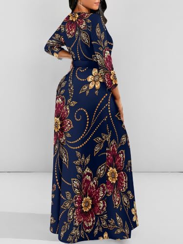 Image of Women Plus Size Long Sleeve V Neck Maxi Dress with Belt | Soft fabric relaxed fit three quarter sleeve v neck with pockets for party and daily wear