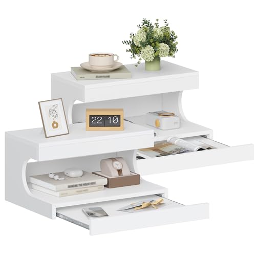Hzuaneri Mesita de Noche Flotante Juego de 2, Mesillas de Noche Dormitorio con Estante de Pared y Bandeja Deslizante, Moderna, para Dormitorio y Salón, 30 x 40 x 20 cm, Blanco NS51203X
