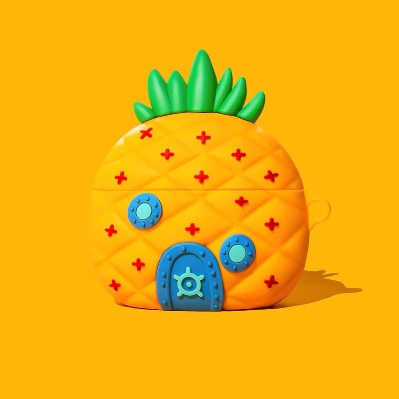 Funda de silicona ultra gruesa y suave con gancho para llavero para Apple AirPods 1, 2, 1 generación, piña de casa, fruta amarilla, dibujos animados