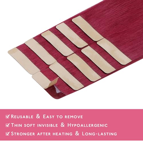 Image of Wennalife Burgundy Red Tape in Hair Extensions, 10pcs 25g 18 inch Remy Invisible Tape Ins Straight Colored Soft Real Human Hair Tape in Extensions Refill Set Extensions