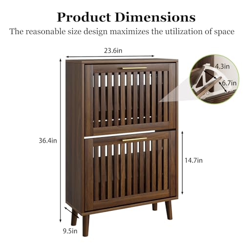 Shoe Cabinet, Shoe Storage Cabinet with Louvered 2 Flip Drawers, Narrow Shoe Cabinet Storage for Entryway, Freestanding Shoe Organizer Cabinet with Golden Handles, Slim Shoe Rack Cabinet (Walnut)