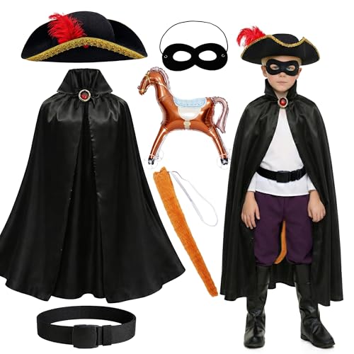 Creerluces Rat Costume Set for World Book Day Costume Boys and Girls Black Cape Felt Hat Inflatable Horse Black Belt for Character Rat Cosplay Accessories World Book Day Fancy Dress